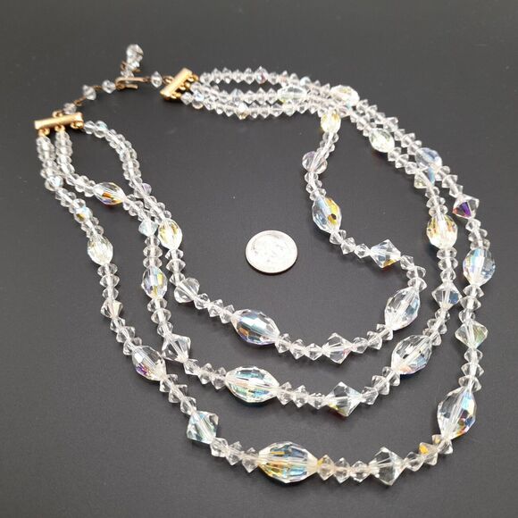 Vintage AB Crystal Bead Necklace, Three Strands, Wedding Necklace, 18" - Picture 9 of 11